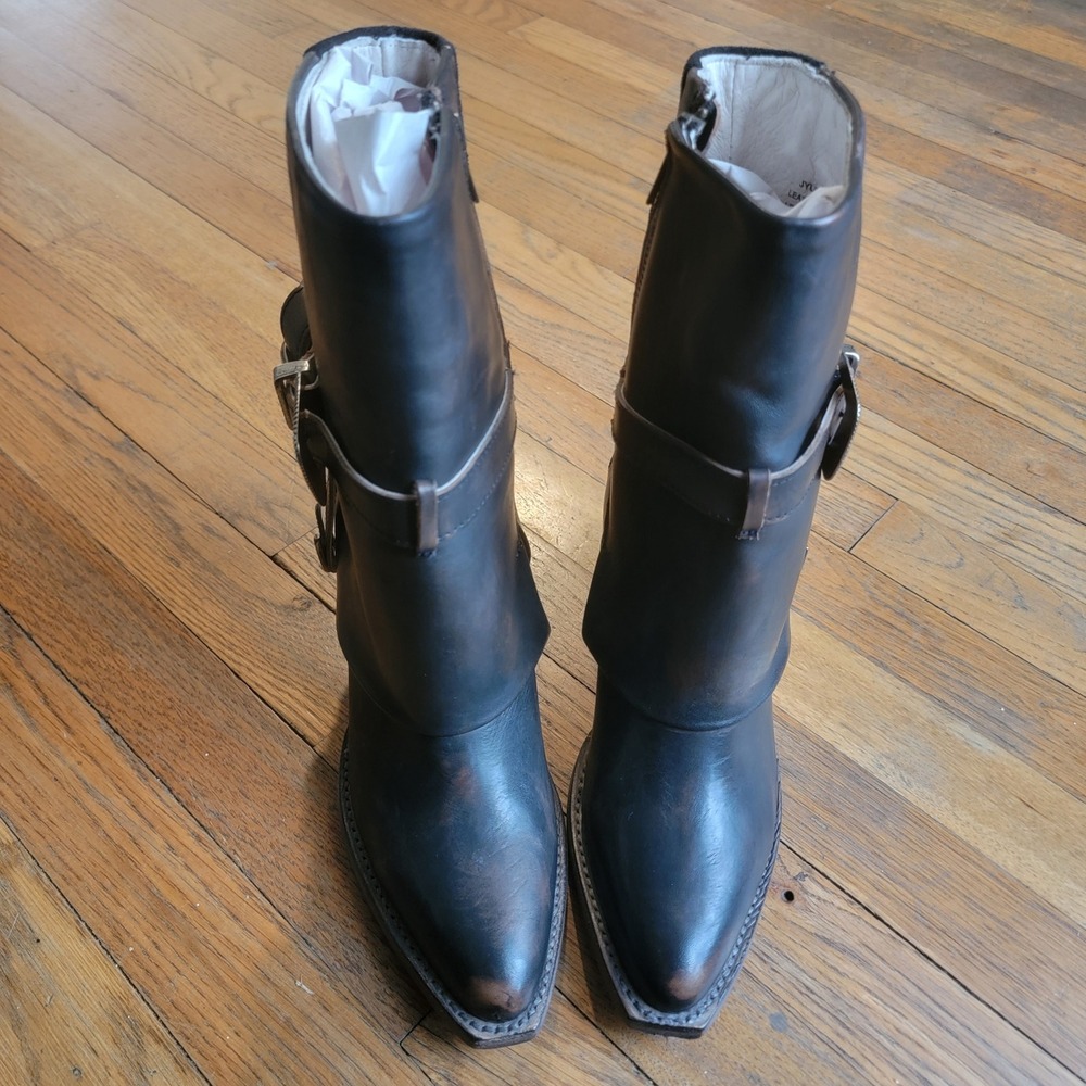 Freebird Jylina Black Brown Leather Suede Block Heel Mid Calf Women's Boots Sz 9